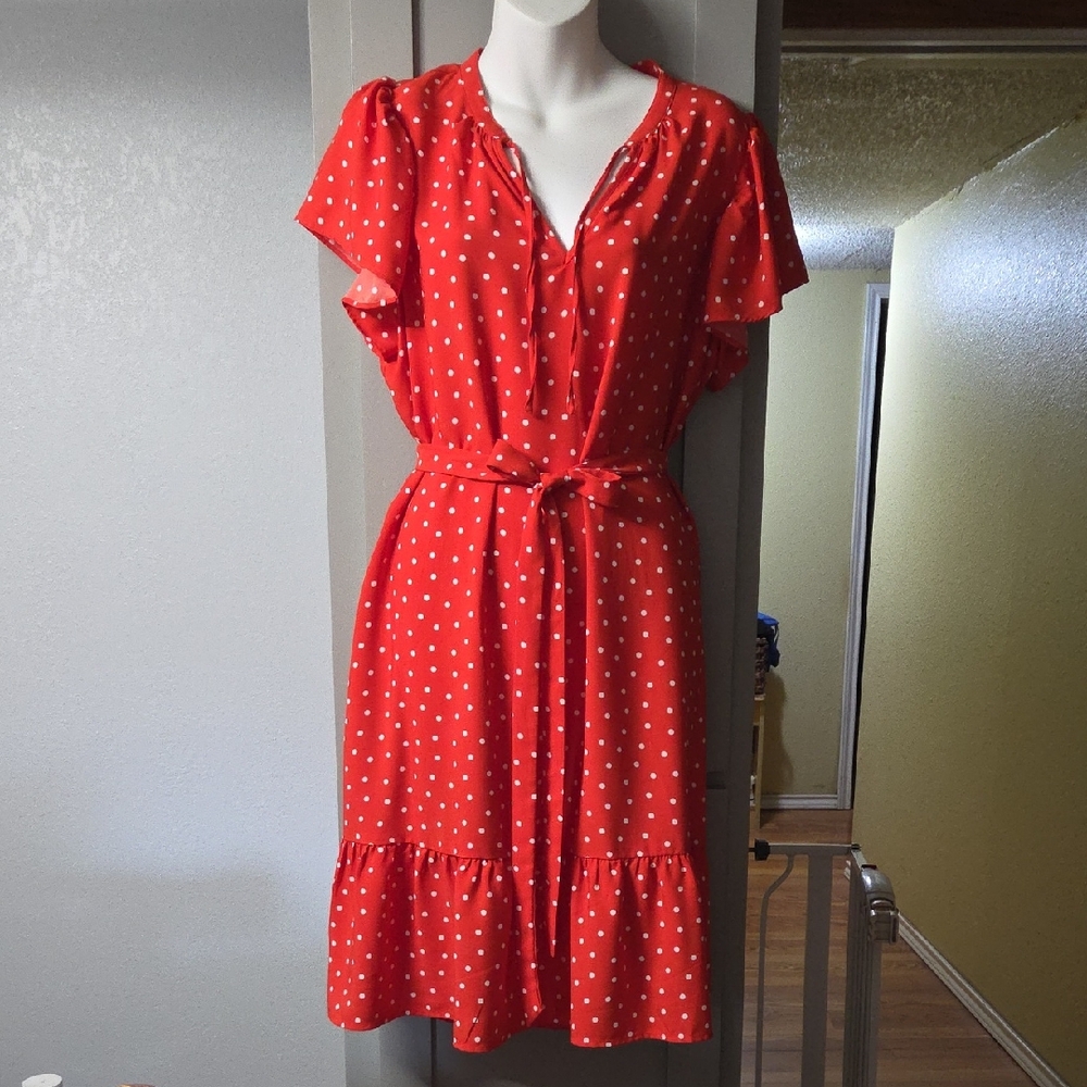 Ann Taylor Red Polka dot Tie Waist Dress